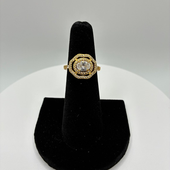 Bomb Party Jewelry - Bomb Party Ring Women Size 5 Gold Double Halo Oval Cubic Zirconia Statement